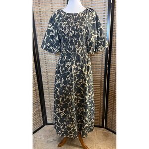 Zoey & Leelo Floral Smocked Puff Sleeve Midi Dress Womens Size M Black Cream